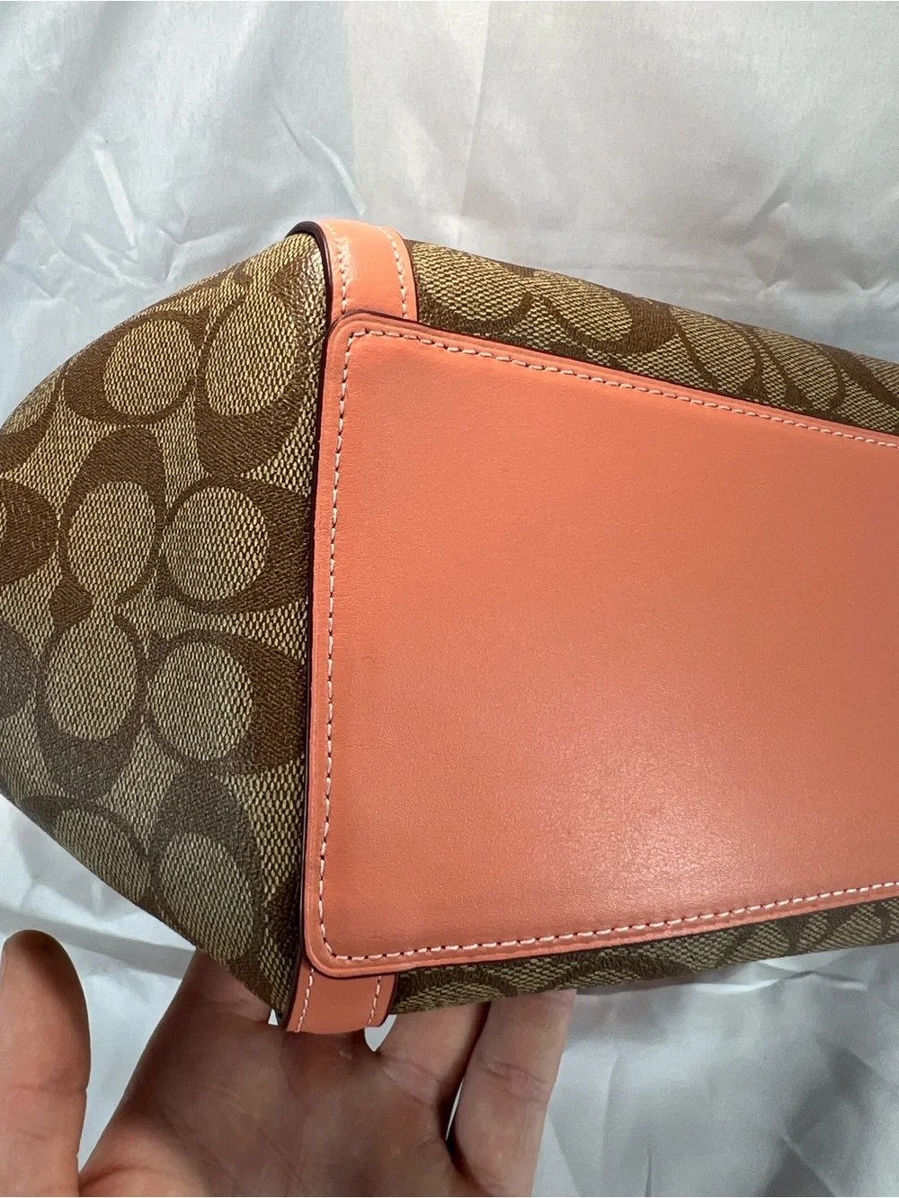 COACH C6232 Kristy Shoulder Bag In Signature Canvas Khaki Coral Pink EUC
